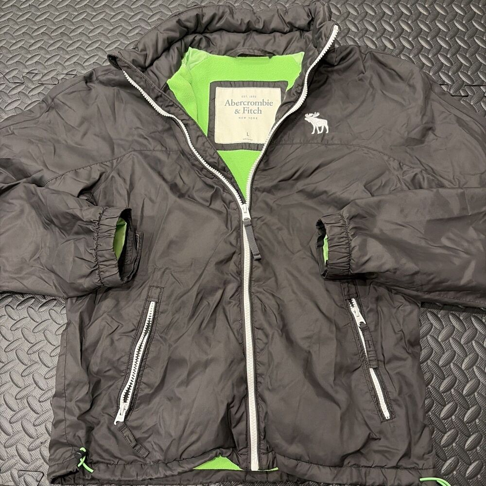 RARE VTG ABERCROMBIE & FITCH JACKET COAT FLEECE LINED BLACK LIME GREEN SZ LARGE
